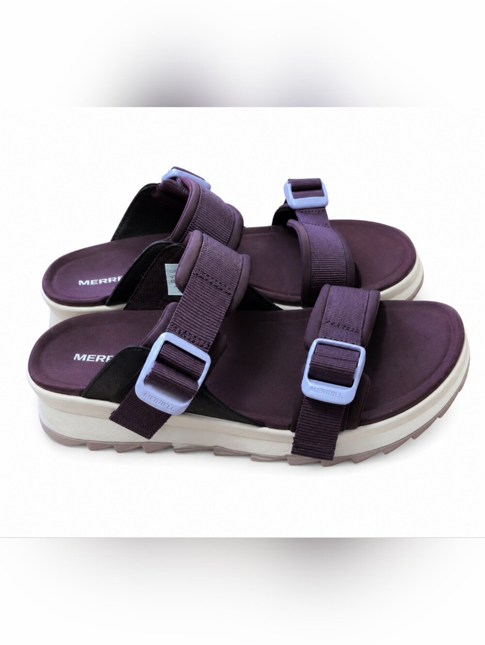 Merrell Women's Dual-Strap Slide Sandals Plum Purple Light Blue Buckles Comfort
